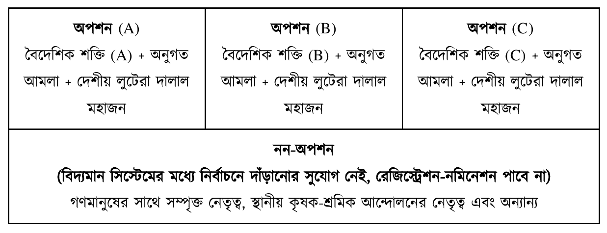 অপশন (A); বৈদেশিক শক্তি (A) + অনুগত আমলা + দেশীয় লুটেরা দালাল মহাজন; অপশন (B); বৈদেশিক শক্তি (B) + অনুগত আমলা + দেশীয় লুটেরা দালাল মহাজন; অপশন (C); বৈদেশিক শক্তি (C) + অনুগত আমলা + দেশীয় লুটেরা দালাল মহাজন; নন-অপশন; (বিদ্যমান সিস্টেমের মধ্যে নির্বাচনে দাঁড়ানোর সুযোগ নেই, রেজিস্ট্রেশন-নমিনেশন পাবে না); গণমানুষের সাথে সম্পৃক্ত নেতৃত্ব, স্থানীয় কৃষক-শ্রমিক আন্দোলনের নেতৃত্ব এবং অন্যান্য